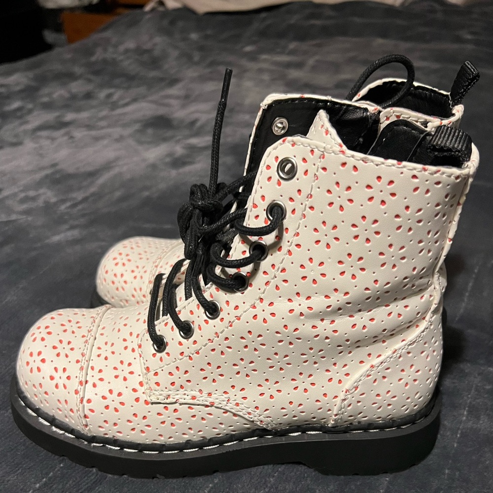 T.U.K Anarchic White and Coral Pink Combat Boots with Vintage Eyelet Design